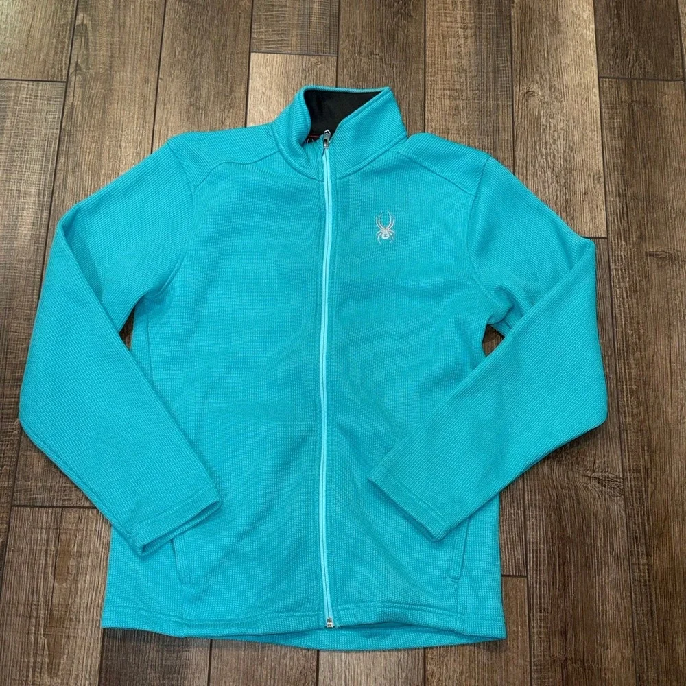 Spyder Womens Full Zip Fleece Jacket Turquoise Blue Waffle Knit Mock Neck Logo